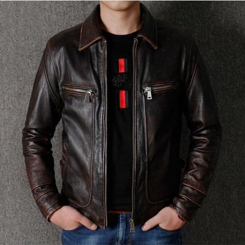 Real Model Bike Mens Cow Leather Jacket Windbreaker Automotive Genuine Leather Jacket Vintage Retro Overcoat Men Streetwear A788
