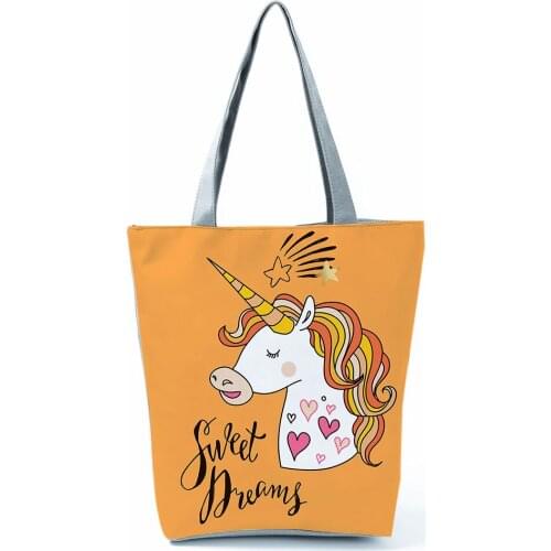 Orange Unicorn Letter Printed Work Womens Handbag Foldable Marry Gift Custom Pattern Bag Durable Totes Portable Casual Bags