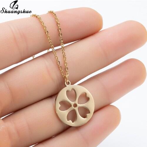 Shuangshuo Geometric Hollow Round Pendant Sakura Necklace Statement Jewelry for Women Plant Stainless Steel Collares Gift Party