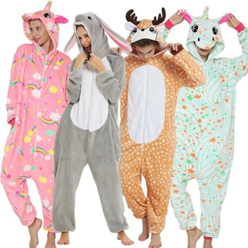 Unicorn Onesies Pajamas Winter Adult Kigurumi Pyjamas Animal Panda Rabbit Jumpsuit Sleepwear Men Nightwear Cartoon Plush Pijamas