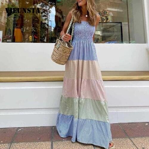 Elegant Striped Print Sleeveless Dress Women Fashion Strap Long Dresses Summer Female Casual Beach Sundress Femme Party Vestidos