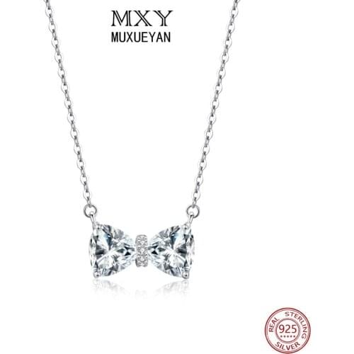 925 Sterling Silver Luxury Crystal Bowknot Pendants Necklaces for women Korean zircon Jewelry 2020 trend MUXUEYAN