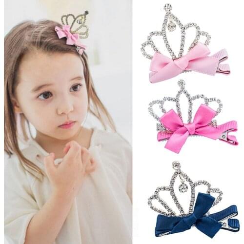 Full Shiny Crystal Hollow Crown Ribbon Bow Blue Red Pink Princess Hair Clips and Pins for Kids Children Headwear Accessories