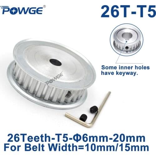 POWGE 26 Teeth T5 Timing Synchronous pulley Bore 6/8/10/12/14/15mm for belt width 10/15mm Gear 26-T5-15 AF Wheel 26teeth 26T