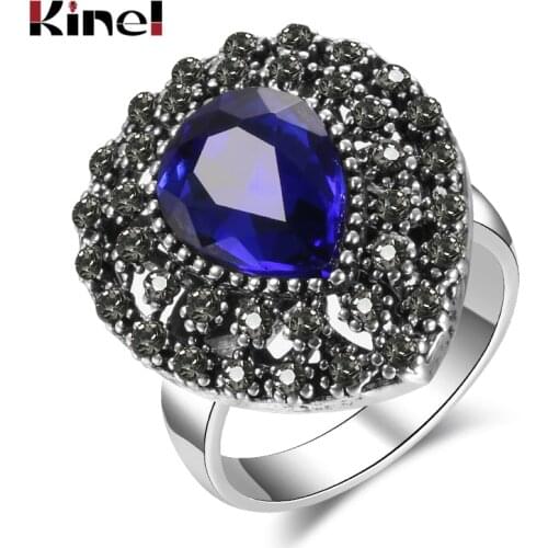 Kinel Luxury Fashion Big Water Drop Ring For Women Silver Color Blue Stone Bride Wedding Rings Turkish Jewelry Best Gift