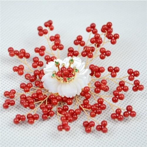 Luxury Fine Jewelry Red Coral White Shell Flower Pin Brooch Copper Wire Cluster For Women Gift Birthday Wedding Dress Accessory