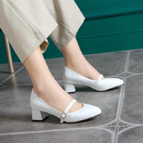Sianie Tianie 2020 patent PU leather round toe chunky womens middle heels ladies pumps white red woman mary janes shoes size 47