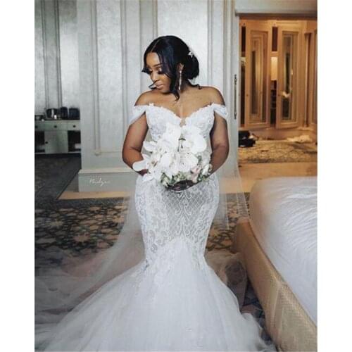 Mermaid Wedding Dresses Modest Plus Size Off Shoulder Trumpet Bridal Gowns Sweep Train Tulle Lace African bridal gowns Custom