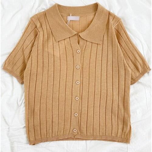 Retro pit stripe turn-down collar buttoned slim short-sleeved knitted t-shirt