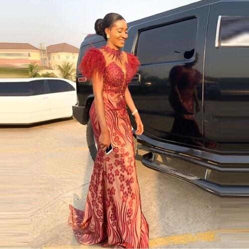 African Mermaid Long Evening Dress Flower robe de soiree abiye Feather Elegant Formal Evening Dresses Sheer Neckline