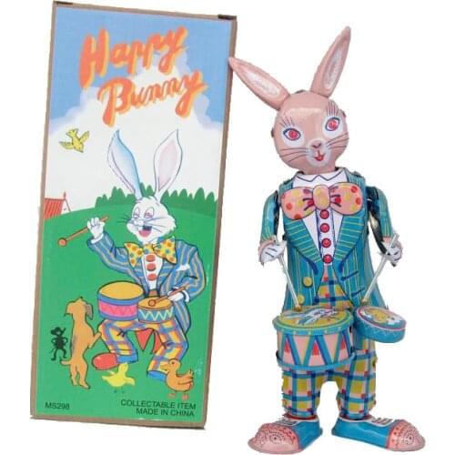 [Funny] Classic collection Retro Clockwork happy bunny rabbit Wind up Metal Walking Tin play drum rabbit robot Mechanical toy