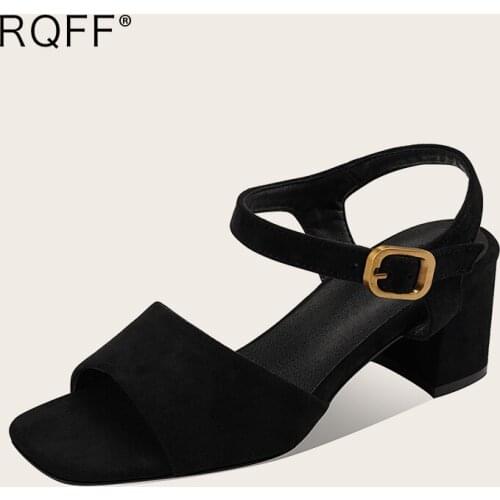Plus Size 43 High Heels 2021 Summer New Fashion Peep Toe Modern Sandals Flock Solid Buckle Strap Beige Black Shoes Woman RQFF