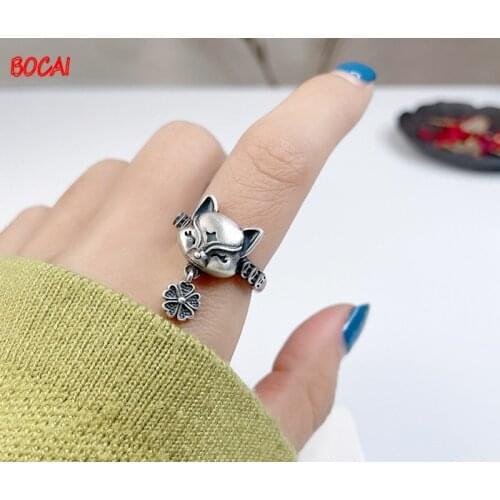 S925 sterling silver fox ring female opening Thai silver flower ring personality retro transfer trick peach blossom personality