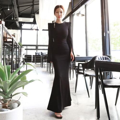 Korean Women Maxi Dress Newest High Quality Runway O-Neck Split Flare Sleeve Sashes Long Dress Casual Office OL Mermaid Dresses
