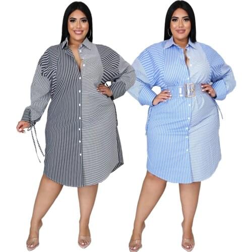Cutubly Plus Size Long Sleeve Dresses Striped Print Caftan Dresses For Women Elegant Turn Down Neck Button Party Dresses Spring