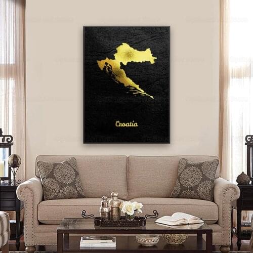 Golden Map Art Croatia Canvas Painting Wall Art Print Modern Poster Wall Pictures For Living Room Decor