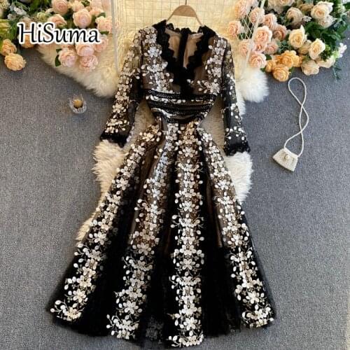 2021 summer new women V-neck Retro fashion flower Embroidery gauze A-line dress female Chic elegant waist mesh party dresses