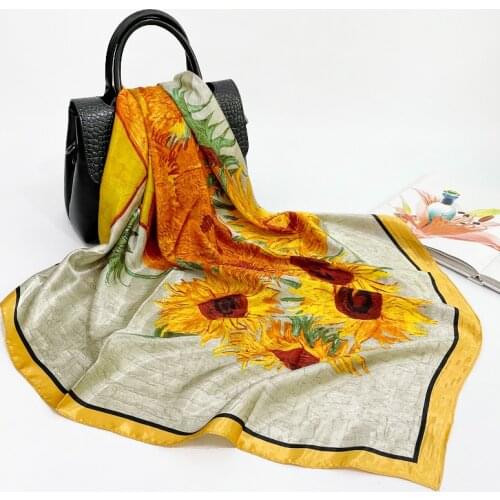 2021 New Silk Scarf Women Big Square Scarf 90cm Oil Painting Printing Sunflower Custom Satin Scarf