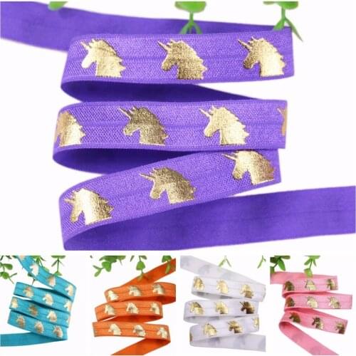 5 colors 5/8" gold foil unicorn FOE fold over elastic for accessaries 50yards/lot and 100yards/lot