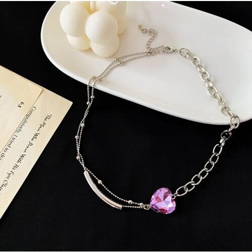 Wholesale Sparkly Purple Heart Shaped Crystal Necklaces Metal Beads Chain Pendant Chokers Necklace for Women Party Jewelry Gifts