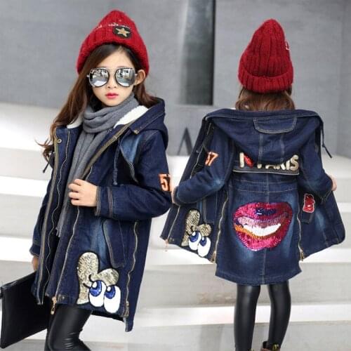 Girls Denim Jacket Fall Winter New Children Sequins Spliced Long Hooded Coat Clothes Teenager Kids Thicken Warm Outerwear B193