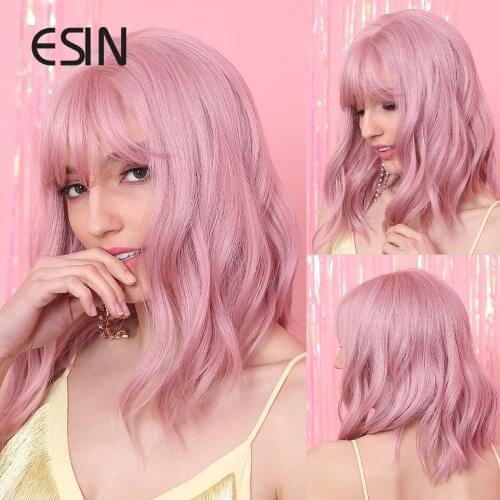 ESIN Pink Medium Long Loose Body Wave Wig with Bangs for Women Cosplay Daily Natural Heat-resistant Synthetic Hair
