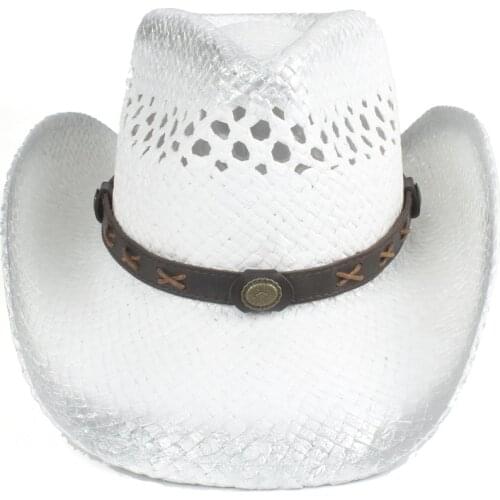 Summer Women Men Straw Hollow Western Cowboy Hat Wide Brim Sombrero Hombre Beach Cowgirl Jazz Sun Hat Size 56-58CM