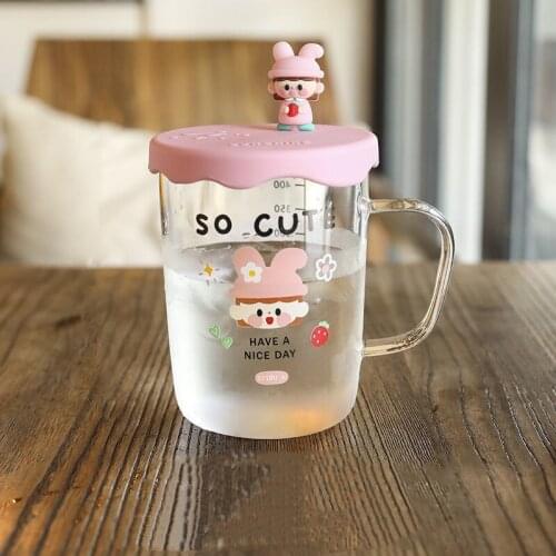 500ml Cute Glass Mug Breakfast Mlik Coffe Cup Household Couple Water Cup Cartoon Strawberry Glass with Lid Drinkware