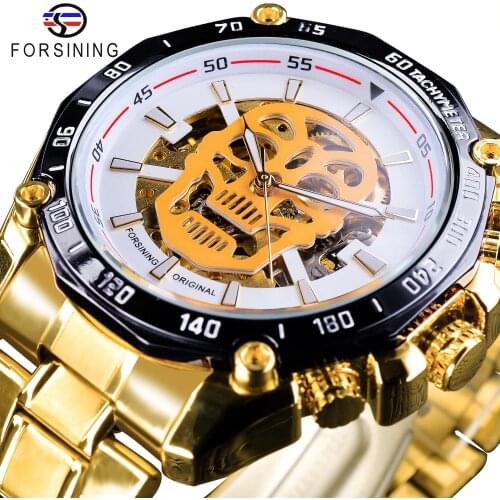 Forsining 2018 White Dial Fashion Skull Design Golden Skeleton Clock Luminous Hands Mens Automatic Watches Top Brand Luxury