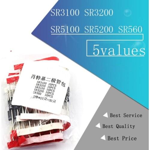 Kit 50PCS=5values*10PCS Schottky Diode Assorted Kit SR3100 SR3200 SR5100 SR5200 SR560 each 10PCS