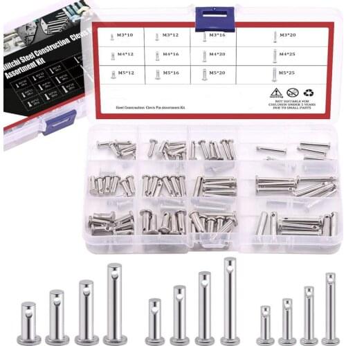 12 Sizes 304 Stainless Steel Metric Clevis Pins Assortment Kit Link Hinge Pin Flat Head Fastener Pins M3 M4 M5 Assorted Set