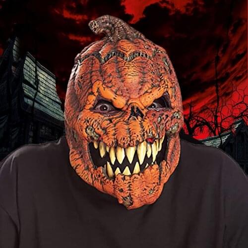 Novelty Evil Latex Pumpkin Face Monster Full Head Cover with Movable Jaw for Men Women Prank Props Fancy Dress
