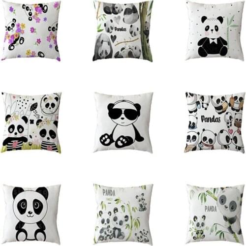 Wholesale Cute Panda Cushion Covers Polyester Peach Skin White bamboo Flowers Print Pillowcase Family Room Sofa Chair Decorate
