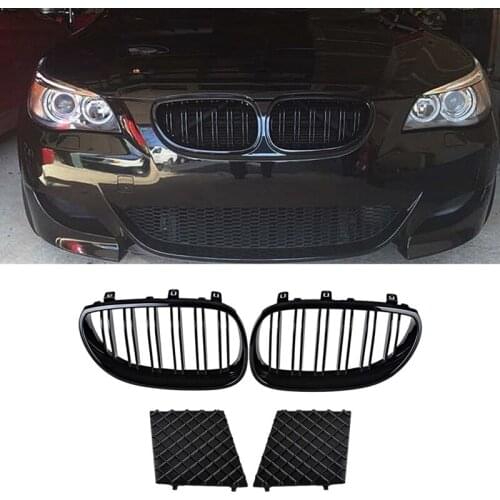 Front Left and Right Kidney Grille Dual Line + Lower Bumper Grill Covers for BMW E60 E61 5Series M Sport 2003-2010 Black