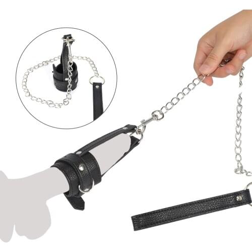 PU Cock Ring BDSM Bondage Toys Penis Leash Ring With Steel Chain Slave Role Play Erotic Sex Toy Penis Ring For Men Chastity Cage