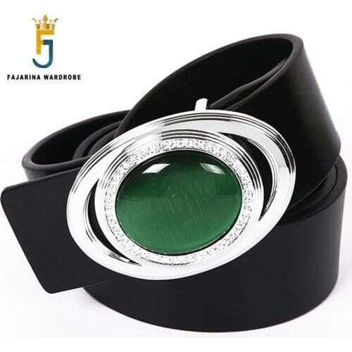 FAJARINA Real Jade Decorative Smooth Buckle Belts for Men Top Quality Cowhide Genuine Leather Accessories Best Gifts N17FJ557