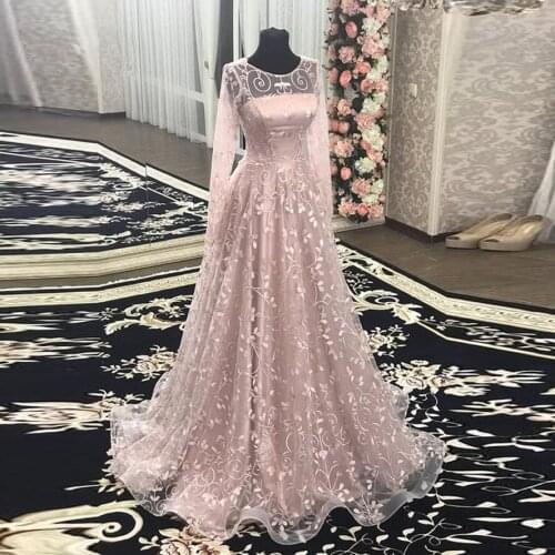 Modest Pink Floral Lace Prom Dresses With Full Sleeves Elegant A-line Long Evening Gowns Vestido Formatura Abiye Prom Gowns