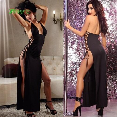 Sexy Black Dress Deep-V Neck Straps Bandage Long Dress Nightclub Dancewear Cocktail Partywear Erotic Lingerie
