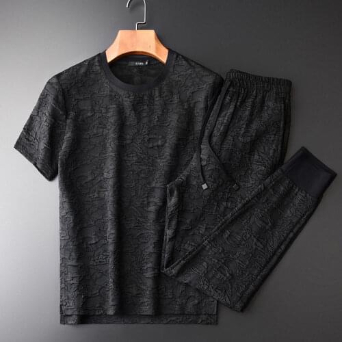 Tracksuit round neck short-sleeved T-shirt suit mens summer fashion texture round neck half-sleeved two-piece mens Tracksuit