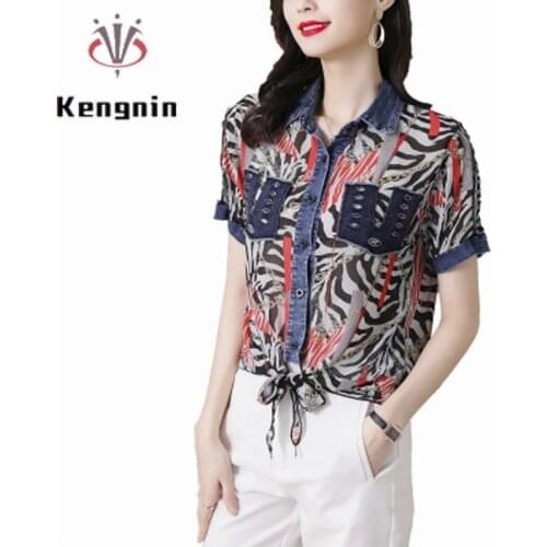 Loose Zebra Print Chiffon Patchwork Denim Womens Shirts Fashion Woman Blouses 2021 New Female Short Sleeve Bow Tops KE1387
