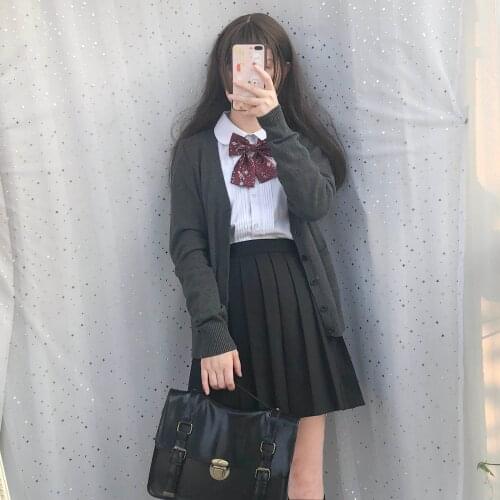 Japanese girl jk uniform long-sleeved autumn and winter round neck shirt black pleated skirt knit sweater set three pieces / set