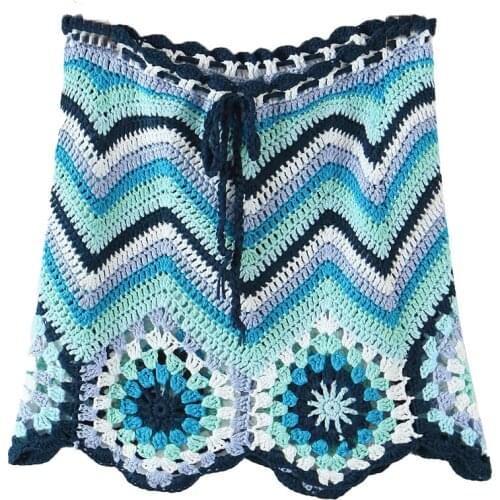 2021 Za New Women Chic Fashion Hollow Out Mini Skirt Vintage Drawstring High Waist Hand Made Crochet Female Skirts Mujer