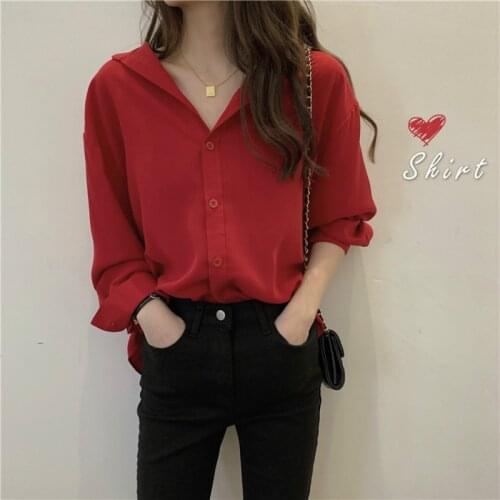 Blouse Tops Shirt Elegant Sexy Loose Casual Women V Neck RED Solid Color Plus Size Long Sleeve Single Breasted