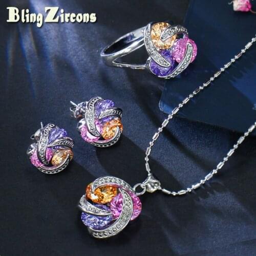 BeaQueen Purple Pink Champagne Multicolor Round Cubic Zirconia Earring Necklace Ring Women 3 Pcs Fashion Jewelry Sets JS152
