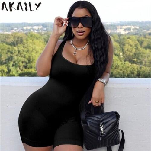 Akaily Streetwear Black Bodycon Rompers Summer Slim Gray Womens Short Jumpsuit Solid Sleeveless Backless Playsuit Female 2021