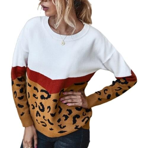 Women Autumn Winter Leopard Knitted Sweater Casual Long Sleeve Pullover Tunic A0NF