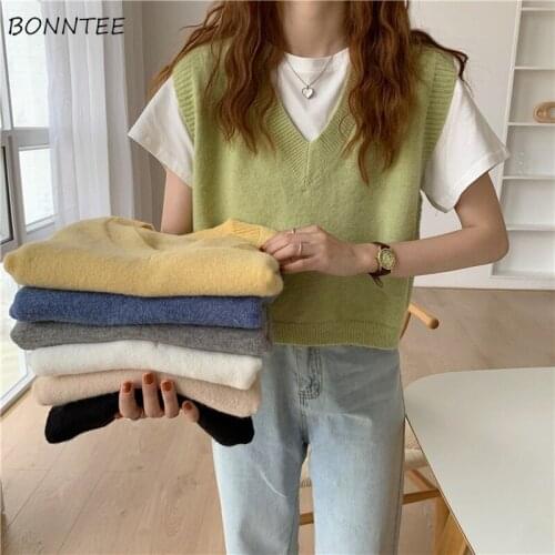 Vests Women Sweet Kawaii Simple Preppy Style Korean Maiden Students Various Colors V-neck Popular Sweater Basic All-match Mujer