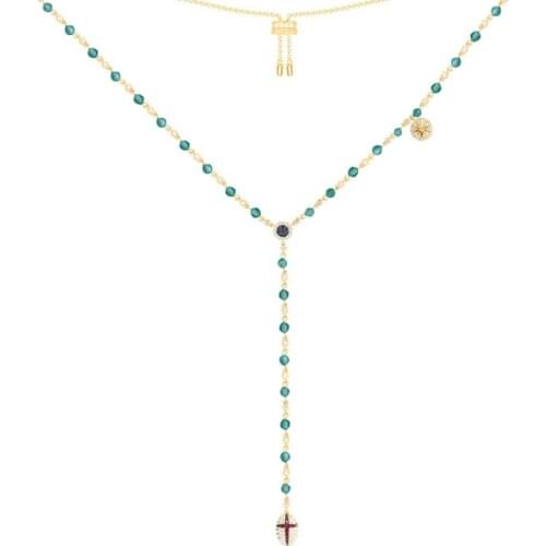 SLJELY Fashion Yellow Gold Color 925 Sterling Silver Blue Beads Necklace with Embellished Pendant Zirconia Women Brand Jewelry