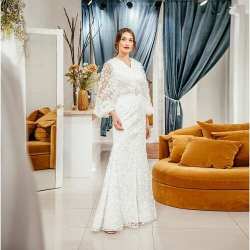 White See Thru Moroccan Caftan Evening Dress With Applique Flowers Mermaid Dress V-Neck Summer Dress Women Clothes Custom Made