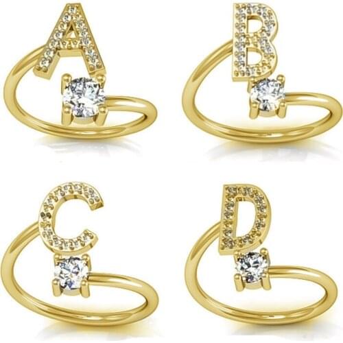 Womens 26 letters diamond adjustable ring Personalized rings for women initial capital silver/gold ring Jewelry Gift Wholesale